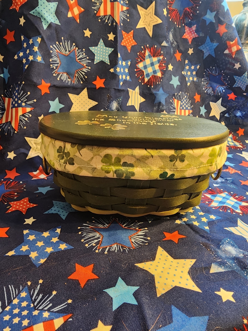 Longaberger Handwoven Dark Green Storage Basket with Shamrock Trim and Lid